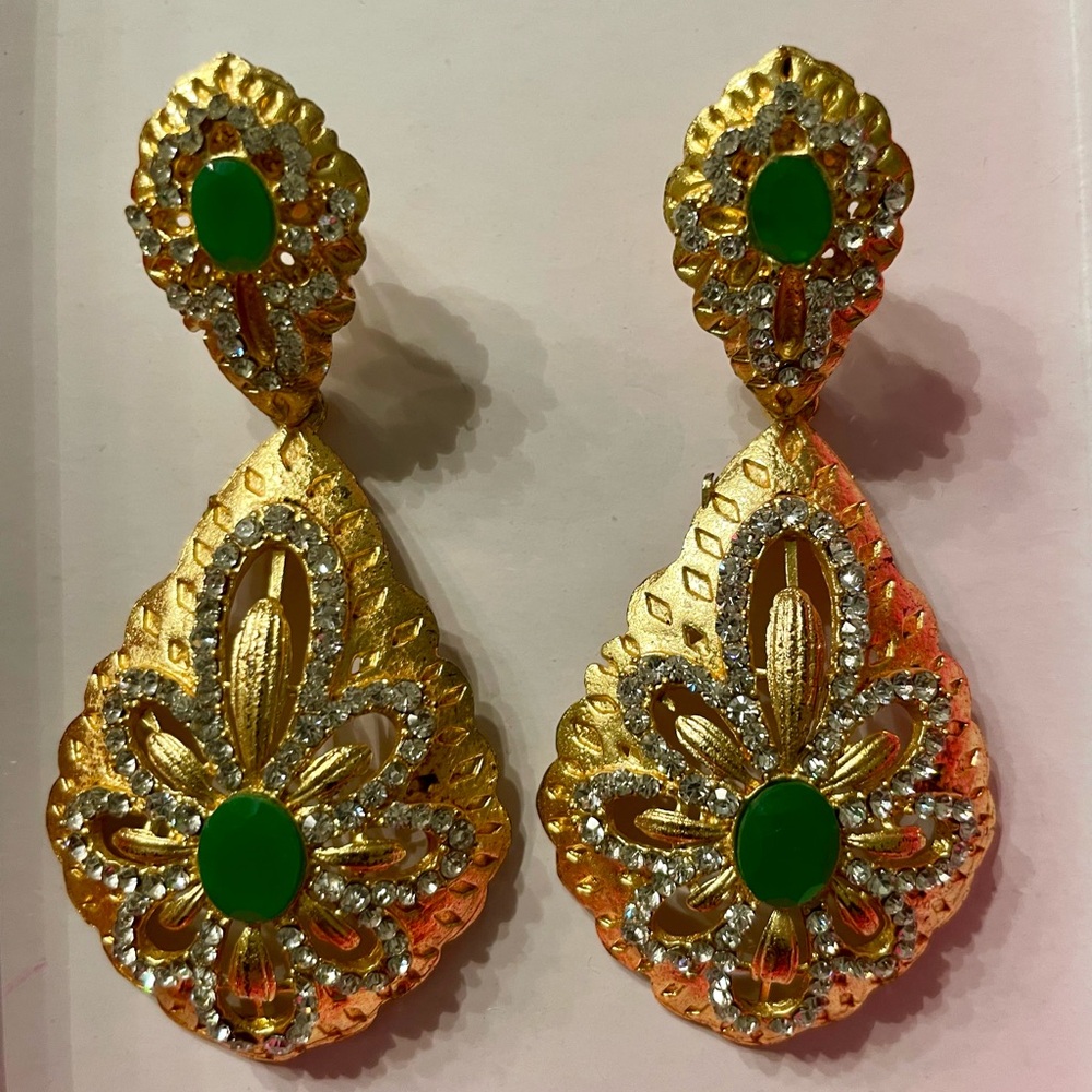 Gold-Tone Green Gem Floral Drop Earrings - Women Jewelry